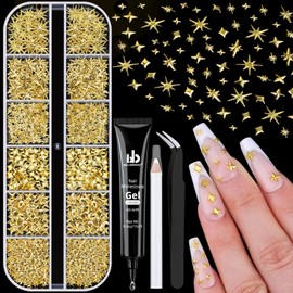 1320Pcs 3D Star Nail Charms, Gold Metallic Nail Art Gems and Mini Round Caviar Nail Beads, Bedazzling Nail Craft Decoration Accessories with Tweezers, Pick-up Pencil and 15ml Nail Rhinestone Glue