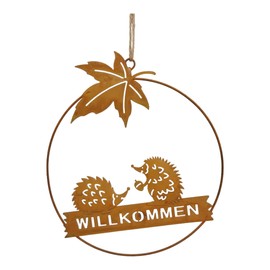 Decorative Hedgehog with Leaf and Lettering Welcome Rust-Coloured Metal Autumn Decoration Door Decoration