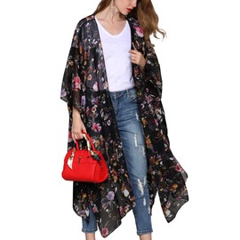 Hibluco Women's Long Floral Kimono Printed Cardigan Sheer Swimsuit Cover Ups