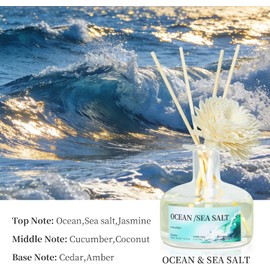 Difusores de aroma a sal marina oceánica de 8.4 onzas con 6 varillas de caña, difusor de varillas de 250 ml para ambientador de aire de baño, duran 50 días