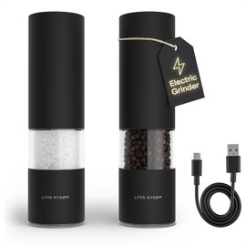 LARS NYSØM Juego de molinillo eléctrico de sal y pimienta I Molinillos automáticos de sal y pimienta con molinillo de cerámica ajustable I Juego de molinillo de especias eléctrico recargable por USB