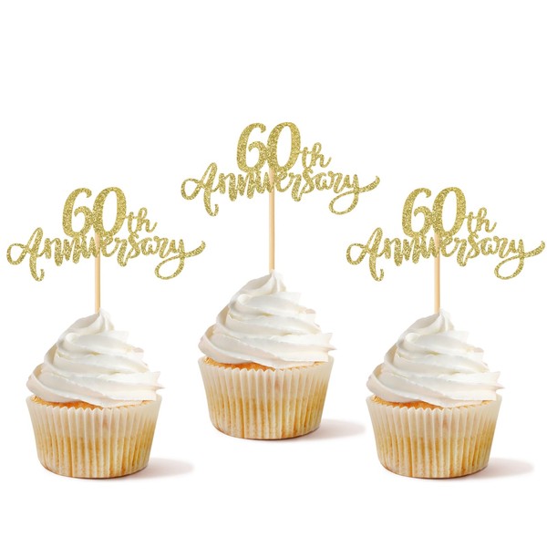 28 piezas de adornos para magdalenas de 60 aniversario con purpurina para 60 aniversario, para feliz 60 aniversario, jubilación, celebración, decoración de pasteles, color dorado