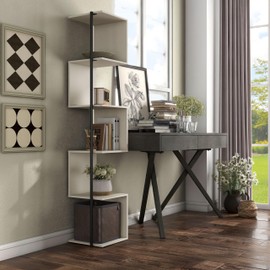 HOMES: Inside + Out Svenja Modern Style 60 in. Tall Corner Book Shelf Stand, 5 Tier Shelving Unit with Circular Metal Support, Living Room Bedroom Decor Aesthetic Wall Accessories, Cream Weave