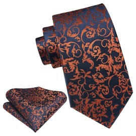 HISDERN Floral Paisley Wedding Tie Handkerchief Men's Necktie & Pocket Square Set, One Size, Orange / Navy Blue