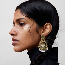 Bohemian Chandelier Earrings for Women Vintage Jhumkas Indian Earrings Boho Ball Tassel Large Earrings Ethnic Flower National Mexico Gypsy Earrings Lightweight Indian Bollywood Jewelry (Gold Pearl)