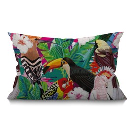 BGBDEIA Oblong Cushion Cover Farmhouse 12x20 Inch Soft Linen Throw Pillowcase Tropical Bird Toucan Leaves and Hibiscus Flowers Pillow Cover for Couch Bed Sofa Chair,30 x 50 cm