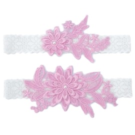 Taube Wedding Garter Set For Bride Stretchy Lace Leg Garter Floral Garters For Bride With Pearl And Rhinestones (Flower-Pink)