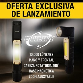 Utilify Wiederaufladbare LED-Taschenlampe, hohe Leistung, 10.000 Lumen, Hand- und Stirnlampe mit Gurt, Front- und Seitenlicht, drehbarer Kopf 90°, Magnetfuß 360°, Haken | Camping und Notfälle