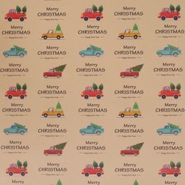 Aimyoo Kraft Christmas Wrapping Paper Roll, Christmas Truck Tree Merry Christmas Letters Design, Xmas Gift Wrap Paper 17 inch x 10 ft