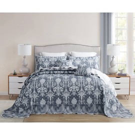Blythease Oversized King Bedspread 128x120 Extra Wide, Jacquard Matelasse Damask Pattern Design, Lightweight, Reversible, 5 Piece, 100% Microfiber, King/Cal King, Blue
