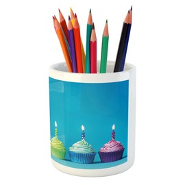 Ambesonne Birthday Pencil Pen Holder, Cupcakes in Rainbow Colors with Candles Fun Homemade Party Food Delicious, Printed Ceramic Pencil Pen Holder for Desk Office Accessory, Multicolor