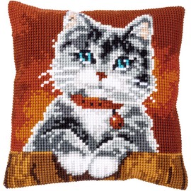 Vervaco Cross Stitch Embroidery Kits Cushion Embroidery Set Beginners Pre-Printed Cat with Collar DIY Set Creative Set for Adults 40 x 40 cm Craft Kit Craftsman Home Decoration