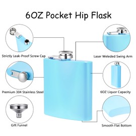 8th Day Fashion 6OZ Hip Flask for Liquor Pocket Size Stainless Steel Leakproof with Funnel Set Alcohol Drinking Flask Set (Blue)