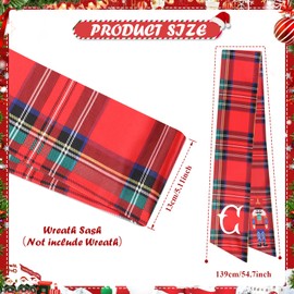 2Pcs Christmas Wreath Sash for Front Door Xmas Wreath Sash Embroidery Monogram Satin Wreath Sash Red Plaid Nutcracker Wreath Satin Sash for Wreath Accessories Yard Doorway Indoor Wall Decor Letter C
