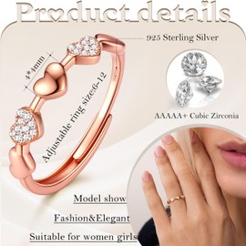 JeweBella Sterling Silver Ring for Women Dainty Love Heart Rings Stacking Adjustable Thumb Rings Cubic Zirconia Wedding Engagement Promise Ring Silver Gold Rose Gold