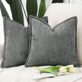 Madizz Set of 2 Chenille Velvet Cushion Covers with Flange Soft Boho Textured Throw Pillow Covers Broadside Pillowcases Modern Farmhouse Home Decor for Sofa Bedroom Dark Grey 24x24 inch, 60x60 cm