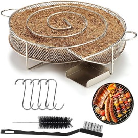 Stainless Steel Smoke Generator, Cold Smoke Generator, Round Smoke Generator, for Barbecues, Kettle Grill, with 5 Meat Hooks + 2 Cleaning Brushes
