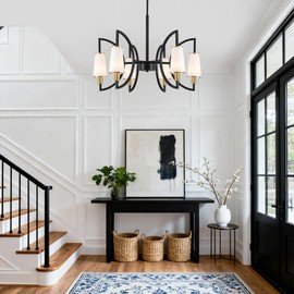 26.8" Black Gold Chandelier with White Shades, 6-Light Modern Farmhouse Chandeliers for Dining Room, Height Adjustable Industrial Light Fixture for Kitchen Island Foyer Entryway Hallway Living Room
