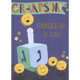 Designer Greetings Five Happy Coins with Silly Faces Near Large Dreidel Hanukkah Card for Young Grandson