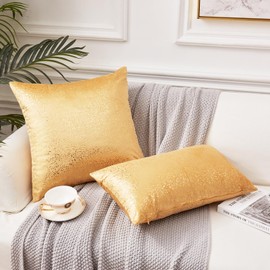 EUCIOR Gold Throw Pillow Covers,Throw Pillows Covers 12x20,Light Gold Pillows Both Sides Sparkle Gold Foil Print,Decor Soft Velvet Hidden Zipper Closure Accent Pillows,Small Gold Pillows Set of 2