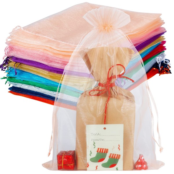 HRX Package 100pcs Large Organza Bags, 8x12 inch Mesh Gift Drawstring Pouches Goodie Bags Assorted Colors for Christmas Shower Party Favors Samples