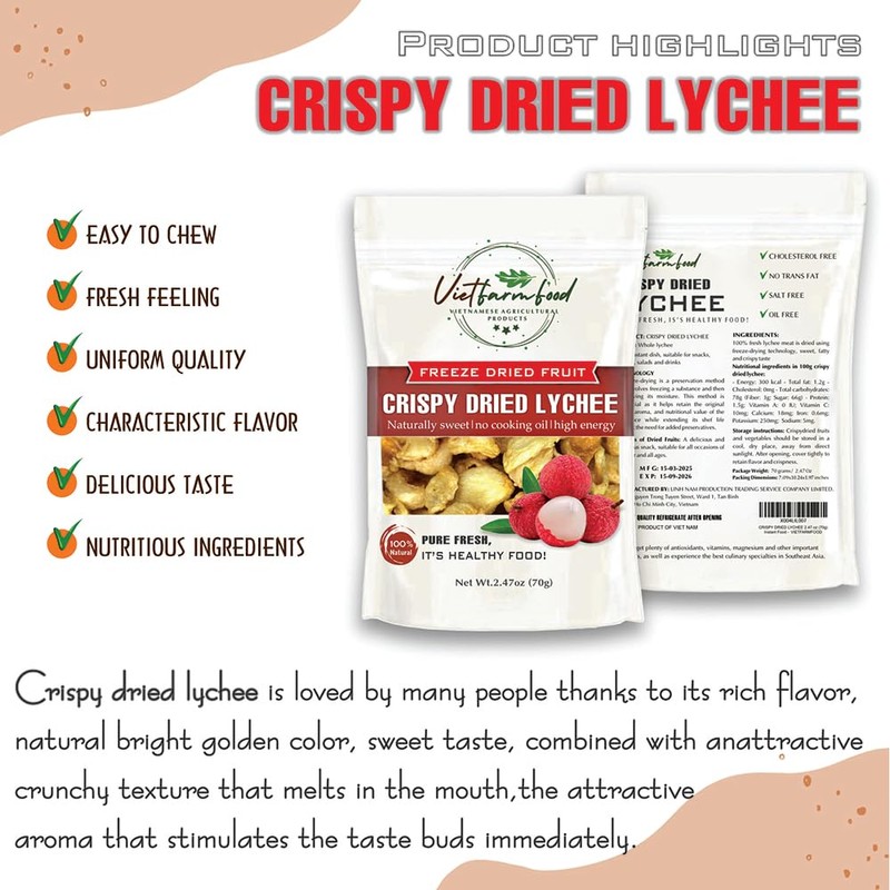CRISPY DRIED LYCHEE 2.47 oz (70g) VIETFARMFOOD: Freeze-dried, no sugar