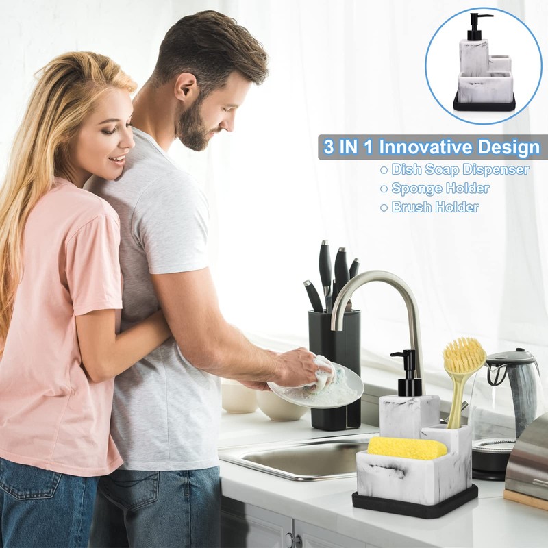 Soap Dispenser with Sponge Holder and Brush Holder,White Marble 3