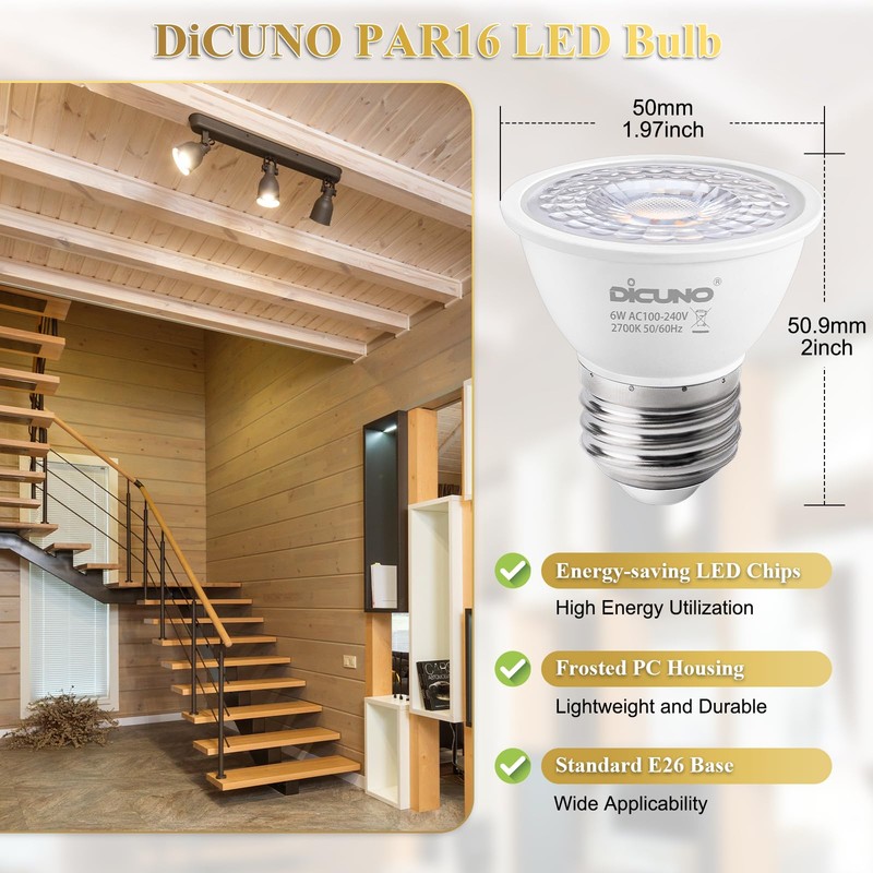 DiCUNO PAR16 LED Bulb 60W Equivalent, 6W Short Neck Spotlight
