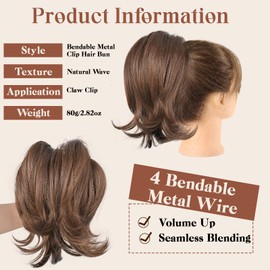 MFDYMYGS Messy Bun Hair Piece Claw Clip, Messy Bun Hair Piece with Bendable Metal,Short Ponytail Extensions Hairpieces for Women (Medium Brown)