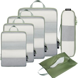 BAGAIL 5 Set/6 Set Ultralight Compression Packing Cubes Travel Accessories Expandable Packing Organizers(Matcha Green 6Set Mesh Pattern)