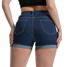 Romastory Women's High Waisted Elastic Jeans Shorts Folded Hem Hot Denim Shorts for Women (Small, Deepblue)