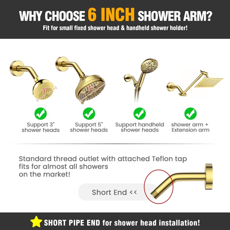 YASFEL Brushed Gold Shower Arm 6" Shower Extension Arm Pipe