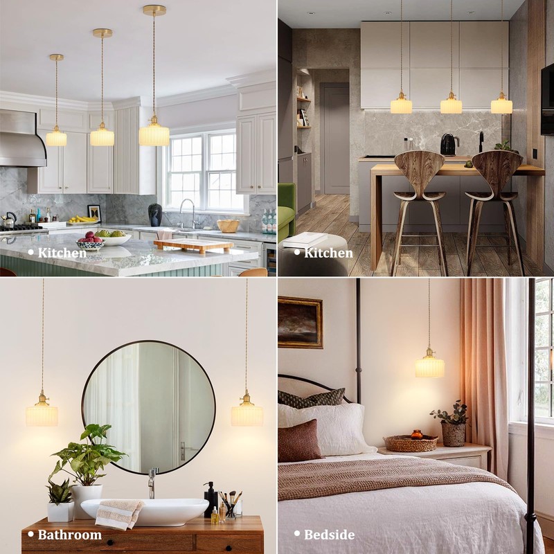 Shenmoyl Pendant Light 2 Pack with White Striped Glass Lmapshade,