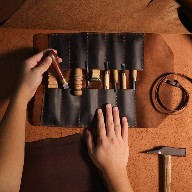 TOURBON Leather Roll Tool Pouch 10 Pockets Woodworking Carving DIY