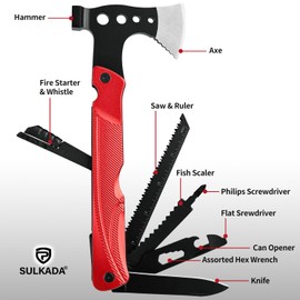 SULKADA Camping Hatchet Multitool Axe Survival Gear Gifts for Men Dad Him 14-in-1 Axe Hammer Perfect for Camping Survival Hiking Fishing