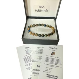 Phoenix Stone 8mm Crystal Bracelet gift set with a piece of raw selenite for cleansing and charging your crystals and 3 informational cards. Metaphysical Healing Crystal Stretch Bracelet 7.25-7.50