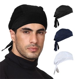 BISMAADH 3 Pack Sweat Wicking Do Rag Cooling Beanie Helmet Liner Dew Rag Head Scarf, Bandana, Head Wrap, Motorcycle, Cycling (Black, Blue, White)
