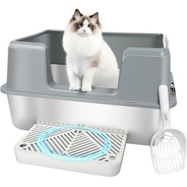 Vivifying XL Stainless Steel Cat Litter Box, High Side Metal Litter Pan with Scoop and Footboard for Big Cats, Kittens, Rabbits and Hamsters, Easy Cleaning Design (Gray)