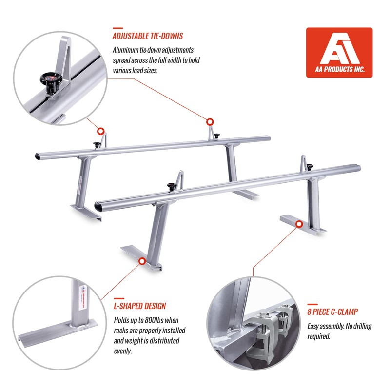 AA-Racks Model APX2502-SLV Low-Profile Utility Aluminum Pick-Up Truck Ladder Rack
