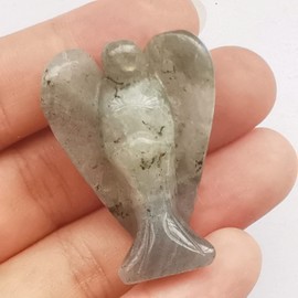 Manekieko Natural Grey Moonstone Healing Crystal Prayer Guardian Angel Statue, 38 mm Carving Bag Palm Stone Figures Decoration