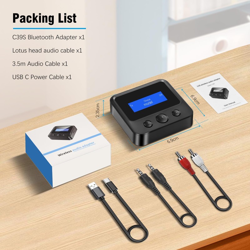 Bluetooth 5.3 Receiver Transmitter, Wireless Audio Adapter 2-in-1 Bluetooth Transmitter