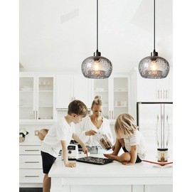 CASAMOTION Pendant Lighting Handblown Glass Drop Ceiling Lights, Modern Rustic Hanging Light Clear Seeded Glass with Black Sand Powder, Brushed Nickel Finish 8.7 Inch Diameter