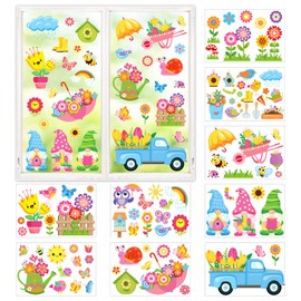 JarThenaAMCS 9 Sheets Summer Floral Window Clings Cartoon Sun Double-Sided Glass Decals Cute Bee Umbrella Truck Gnome Flower Butterfly Window Stickers for Spring Home Office Party Decoration