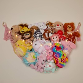 Stuffed Animal Storage Macrame Hammock w/String Lights for Flat Walls, Large - Boho Room Decor Toy Storage - Hanging Plushie Stuffed Animal Net Organizer (Light Pink)