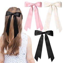 BAISEN 3PCS Hair Bows Hair Clip Beige Pink Black Hair Ribbon Ponytail Holder Accessories Silky Satin Cute Bow Hair Clips for Women Girls Toddlers Teens Kids (Beige Pink Black)