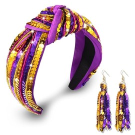 ARATLENCH Game Day Sequin Headband Football LUS Tigers Team Spirit Purple Gold Top Knot Hairband Earrings Football Mom Accessories Game Day Outfit