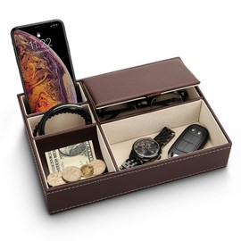 Baoyun Mens Valet Tray Organizer, Leather Valet Box EDC Catch All Tray Dresser Top Nightstand Organizer with 5 Compartments for Wallet Key Phone (Brown)
