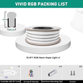 GZBtech RGB LED Neon Rope Lights 16.4FT/5M, AC 110-120V Waterproof Color Changing LED Rope with Remote Control, Dimmable Multi Color Strip Lighting for Indoor Outdoor Commercial Use, ETL Listed