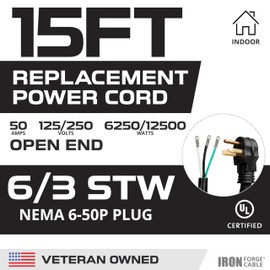 Iron Forge Cable NEMA 6-50 Replacement Extension Cord 15 Ft with Open End, 50 Amp Welder & EV Extension Cord 6/3 Gauge Compatible with Level 2 EV Charger, 125V/250V - UL Certified