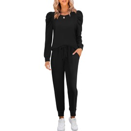 Onedreamer Womens Long Sleeve Crew Neck Sweatshirt Drawstring Sweat Pants Set Casual Sweatsuit Set (Black,S)